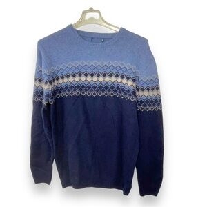 Wool Blend Sweater Italy Fair Isle Nordic Navy Light Blue White Crew Size XL